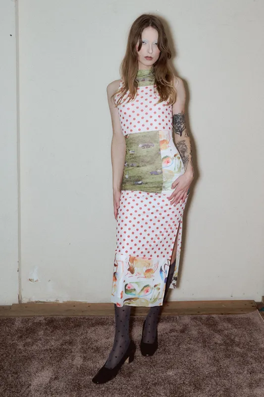 MYSTERY MESH Scrap Patchwork Mesh Mock Neck Maxi Dress made by Fashion Brand Company