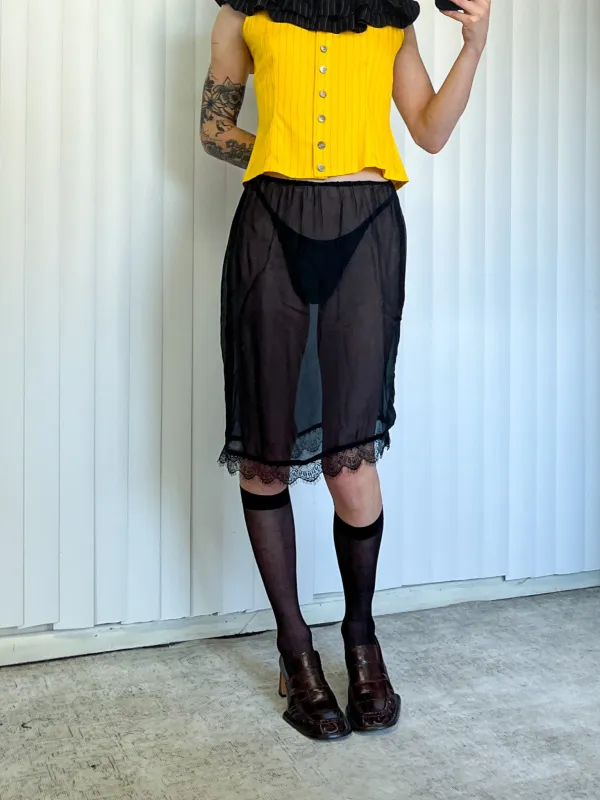 SAMPLE #133 - S Sheer Lace Trim Midi silk Skirt - Black made by Fashion Brand Company