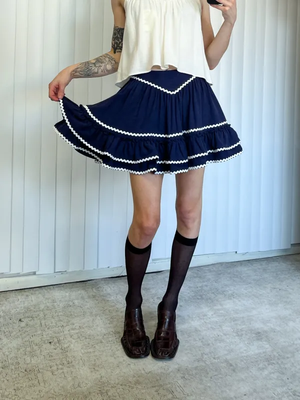 SAMPLE #131 - S Loretta Ruffle Soft Linen Skirt - Navy / White made by Fashion Brand Company