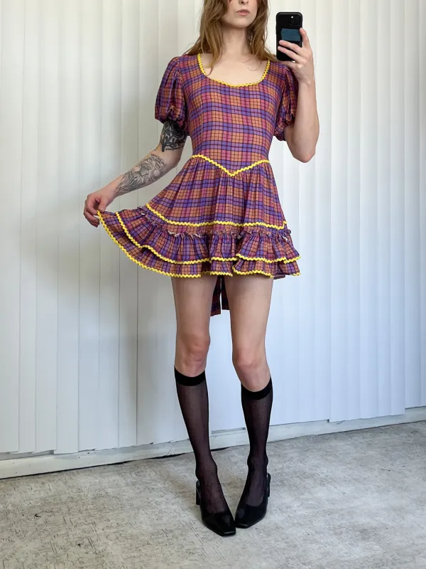 SAMPLE #144 - S Loretta Ruffle Mini Dress Plaid - Purple / Yellow made by Fashion Brand Company