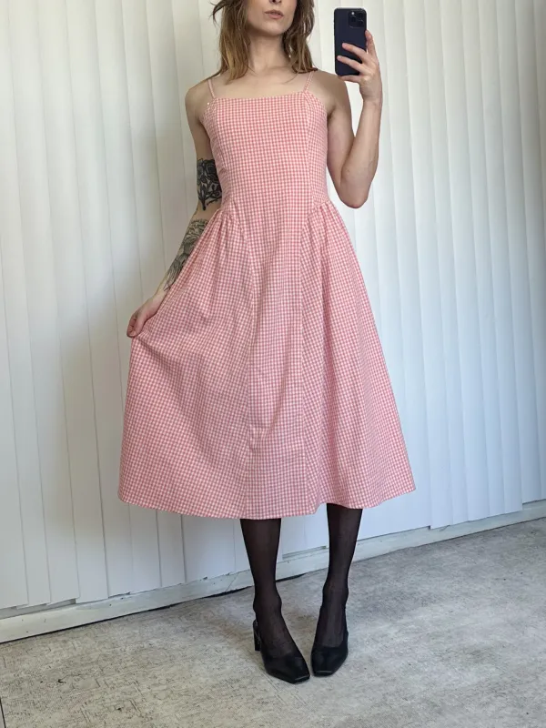 SAMPLE #153 - S Basque Waist Gingham Midi Dress - Pink made by Fashion Brand Company