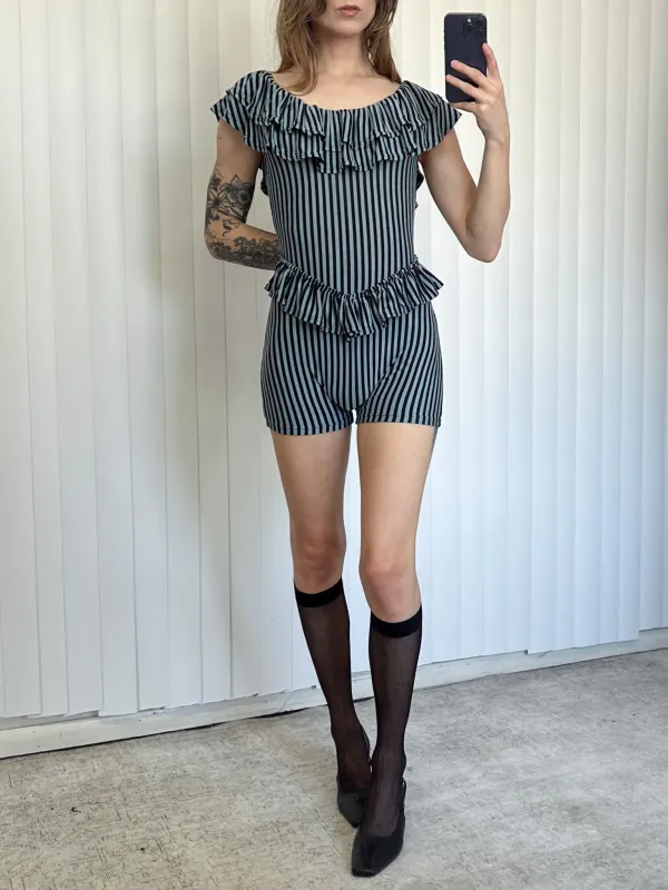 SAMPLE #161 - S Ruffle Scoop Romper Tencel/Wool Stripe - Blue made by Fashion Brand Company