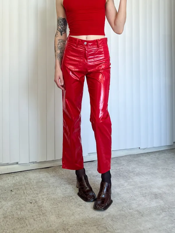 SAMPLE #123 - S/M Shiny Straight Leg High Waisted Pants - Red made by Fashion Brand Company
