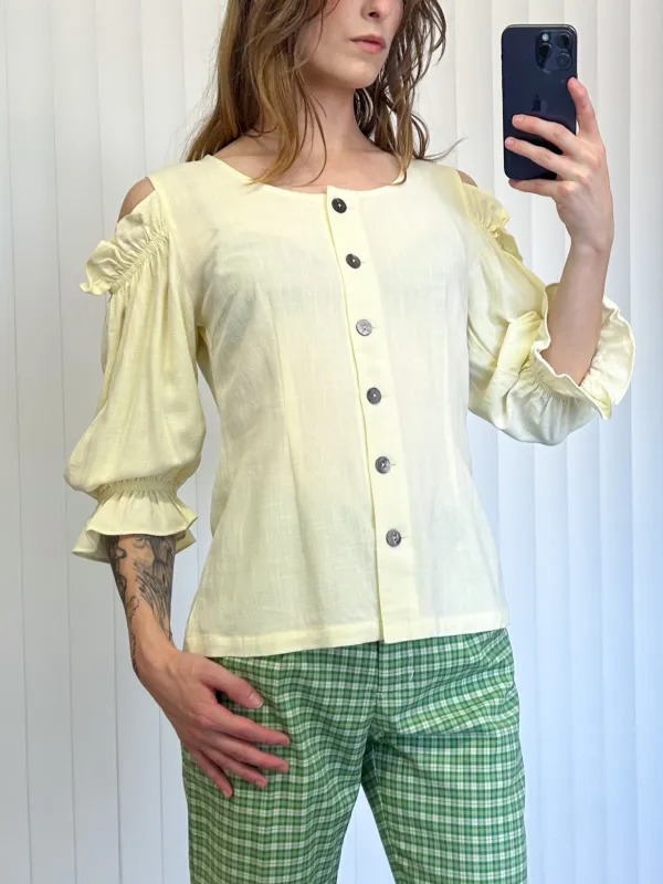 SAMPLE #168 - M Scoop Neck Cold Shoulder Button Up Blouse - Cream made by Fashion Brand Company
