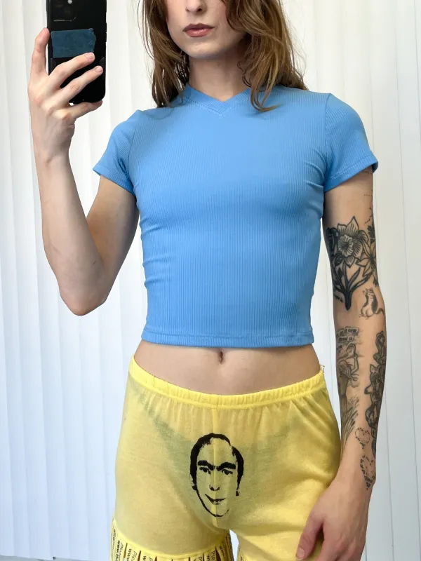 SAMPLE #173 - S V Neck Tencel Rib Tee - Blue made by Fashion Brand Company