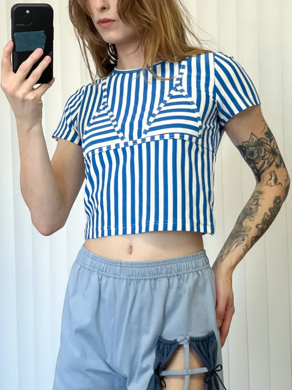 SAMPLE #174 - S Cotton Short Sleeve Bikini Bod Tee - Blue / White made by Fashion Brand Company