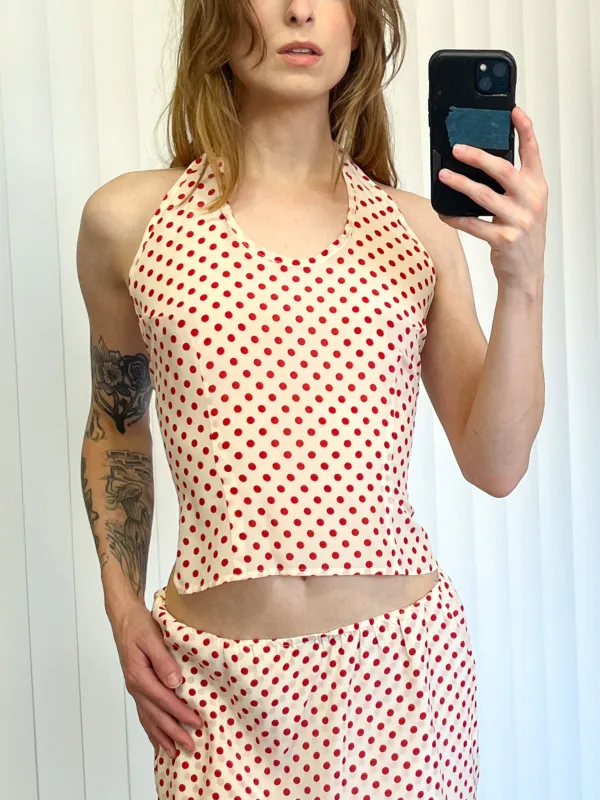 SAMPLE #178 - S Silk Polka Dot Backless Halter - Cream  / Red made by Fashion Brand Company
