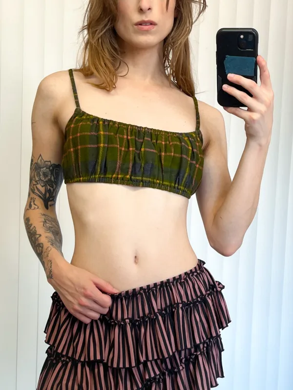 SAMPLE #191 - S Plaid Gathered Bra Top Spaghetti Straps - Green made by Fashion Brand Company
