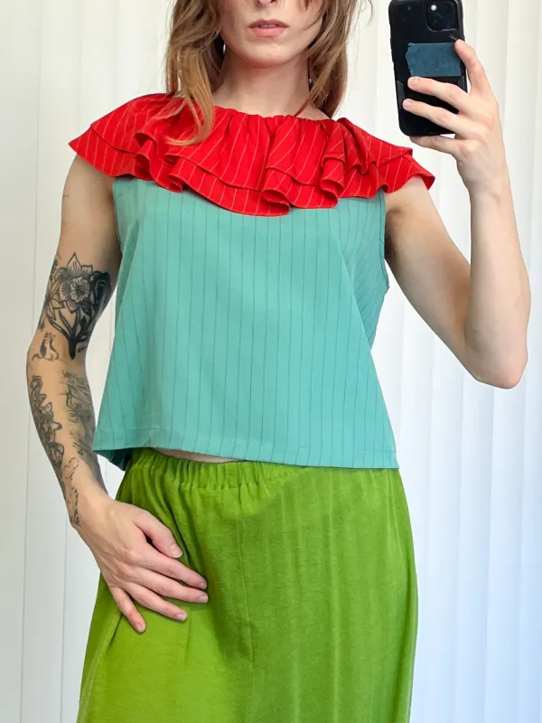 SAMPLE #184 - S Shift Tank With Ruffle Collar Tencel Stripe - Teal / Red made by Fashion Brand Company