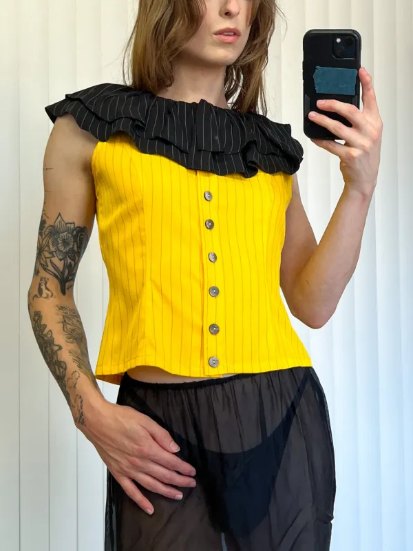 SAMPLE #183 - S Button Up Tank With Ruffled Collar Tencel Stripe - Yellow / Black made by Fashion Brand Company