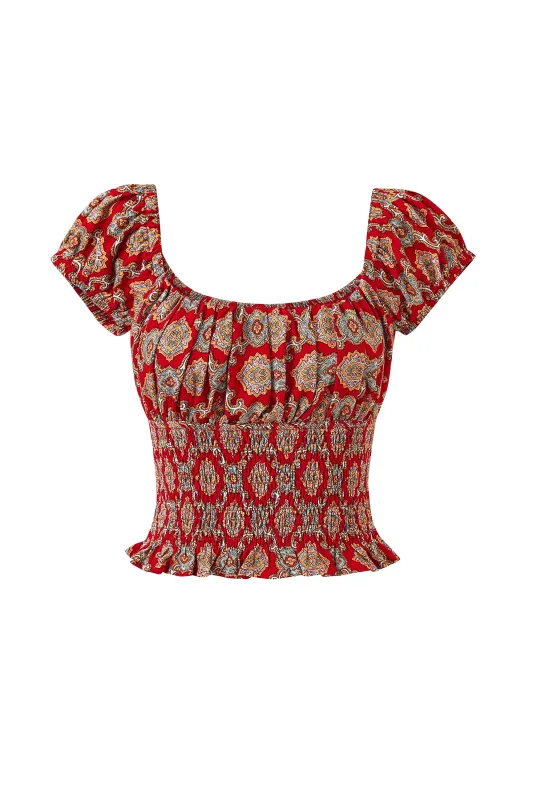 Soft Linen Smocked Waist Blouse Fancy Red Couch made by Fashion Brand Company
