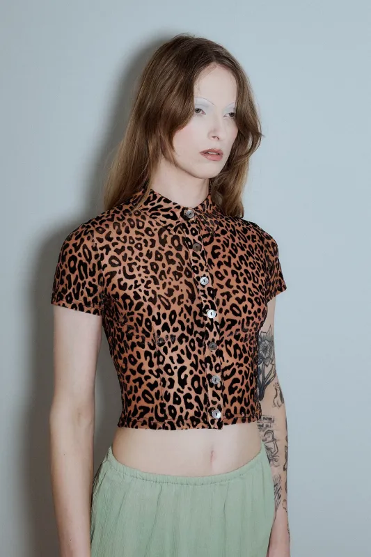 New Jersey Leopard Mesh Short Sleeve Button Up Top made by Fashion Brand Company