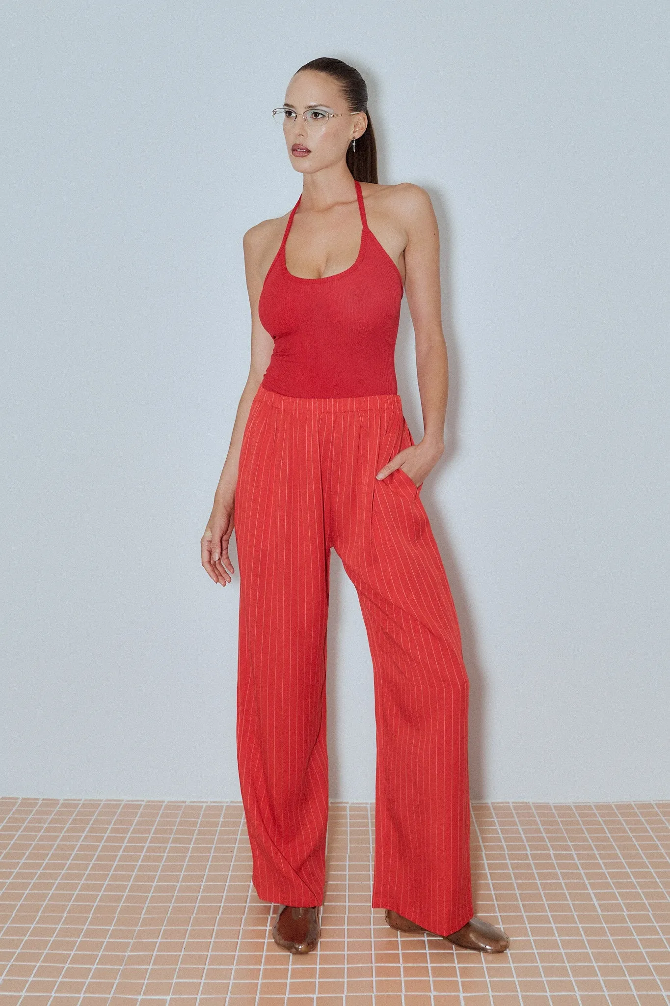 Tencel Stripe Lazy Pants Red sold by Fashion Brand Company product image thumbnail 2