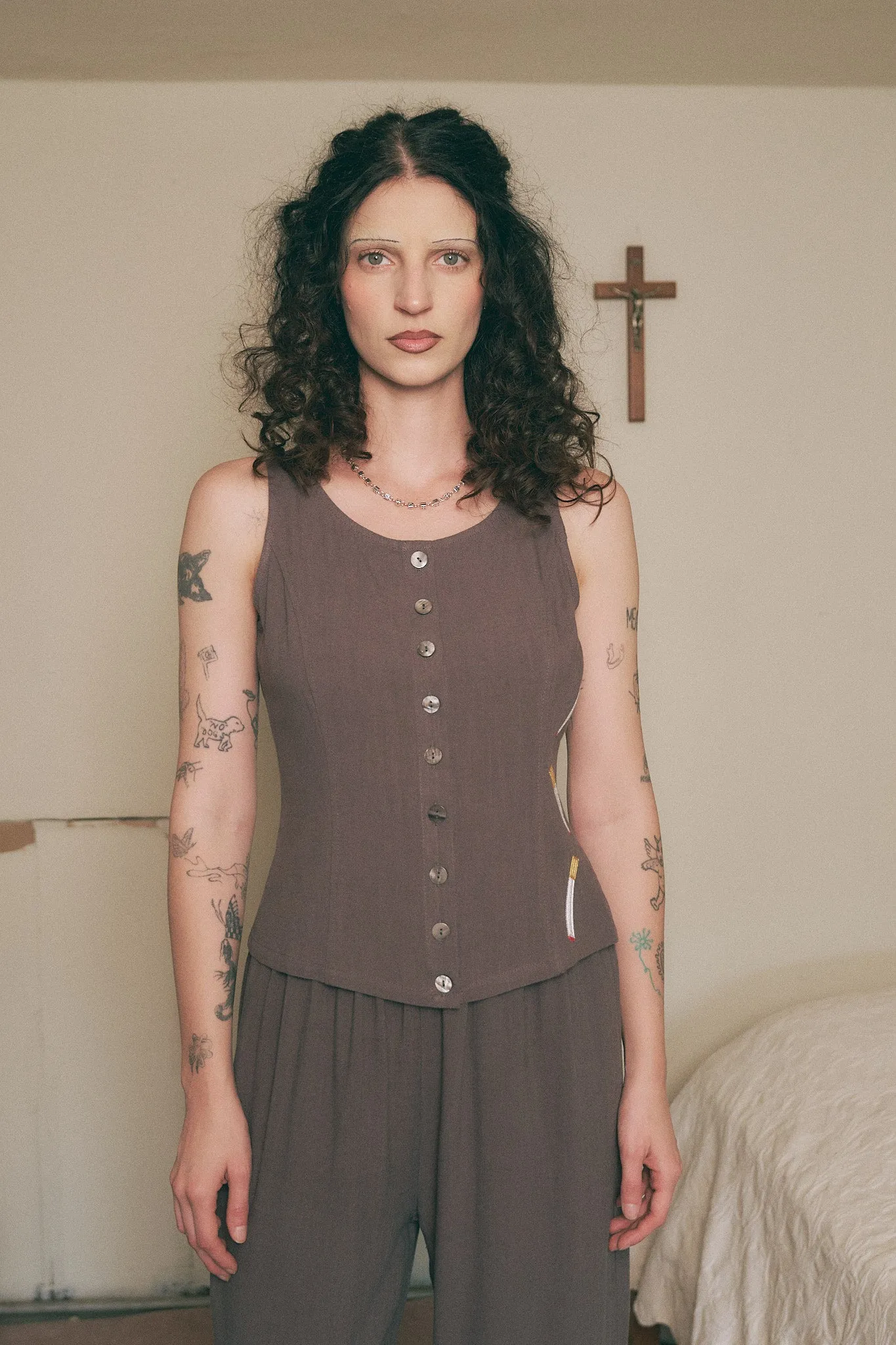 Cigarettes Soft Linen Button Down Tank Charcoal sold by Fashion Brand Company product image thumbnail 5