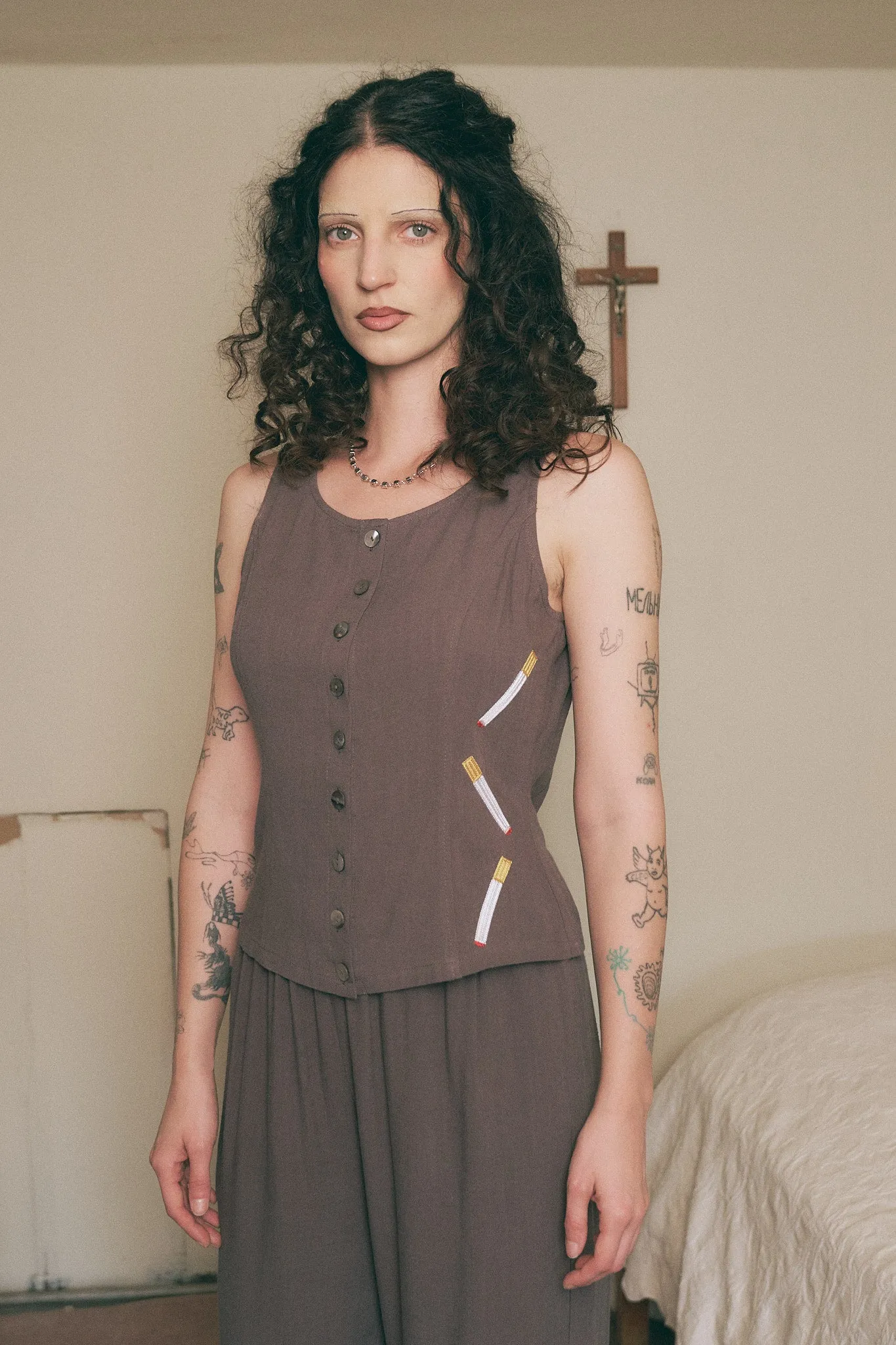 Cigarettes Soft Linen Button Down Tank Charcoal sold by Fashion Brand Company