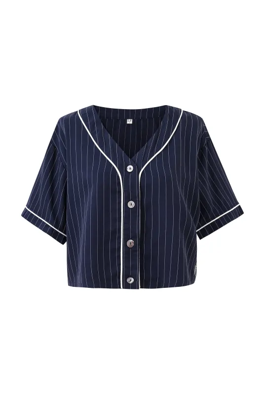 Baseball Crop Top Tencel Stripe Navy made by Fashion Brand Company