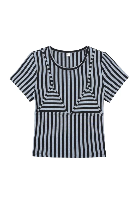 Bikini Bod Vertical Striped Short Sleeve Tee Blue made by Fashion Brand Company