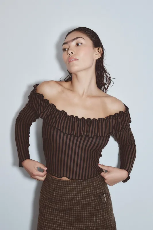1 left - Ruffled Scoop Neck Tencel Long Sleeve Top Brown Stripe made by Fashion Brand Company