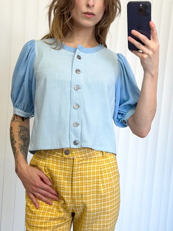 SAMPLE #169 - S Scoop Neck Button Up Blouse - Light Blue made by Fashion Brand Company