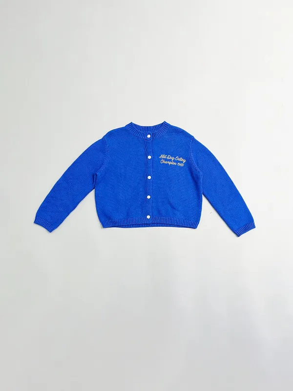 SAMPLE #252 - S Hot Dog Eating Champion Knit Cardigan - Blue made by Fashion Brand Company
