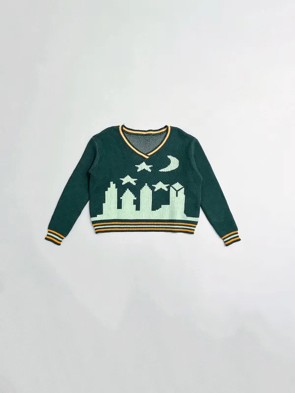 SAMPLE #248 - S V-Neck Cityscape Sweater - Green / Mint made by Fashion Brand Company