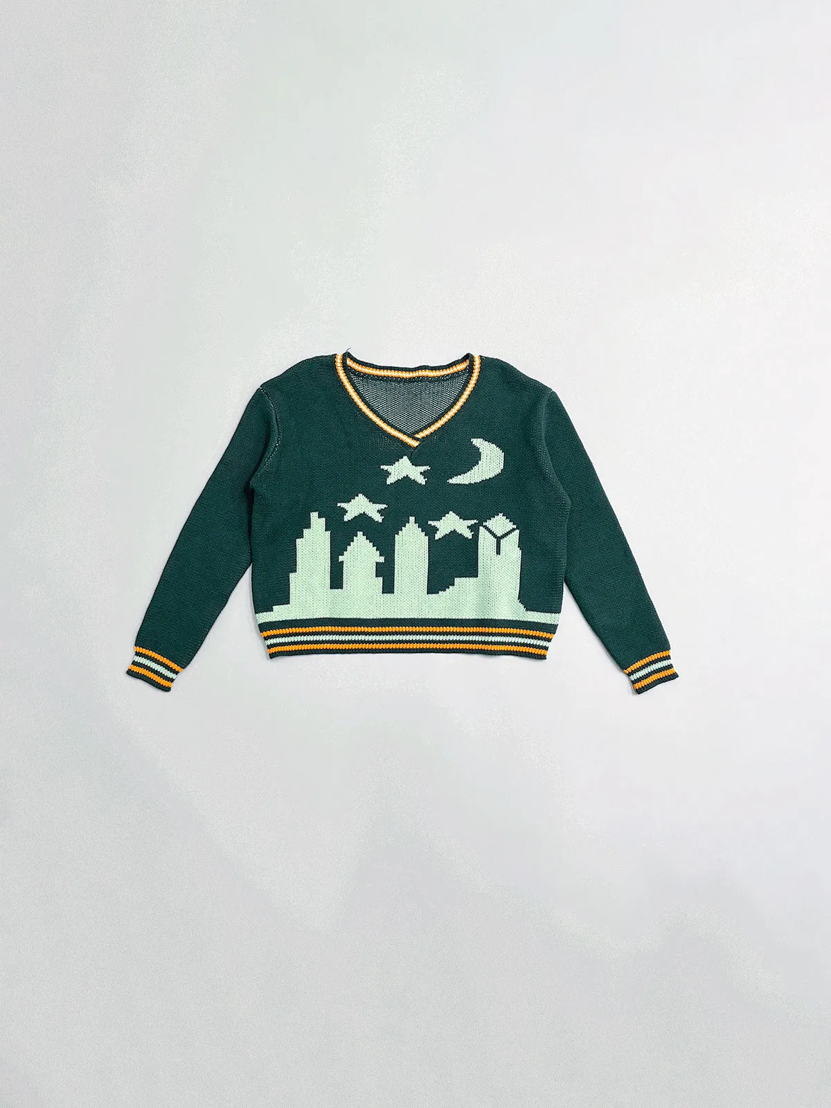 SAMPLE #248 - S V-Neck Cityscape Sweater - Green / Mint sold by Fashion Brand Company