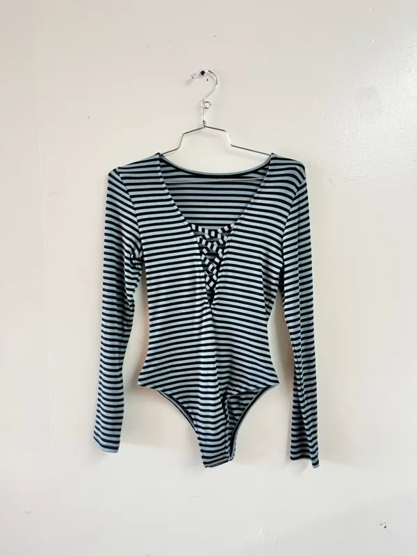 SAMPLE #247 - S Plunge Neckline Long Sleeve Bodysuit - Blue Stripe made by Fashion Brand Company