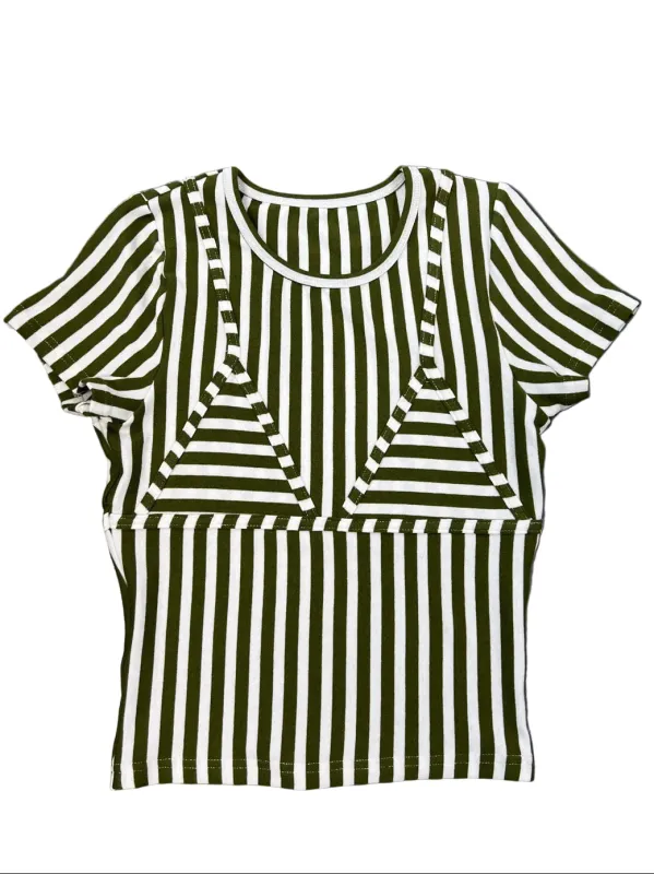 SAMPLE #243 - S Vertical Stripe Bikini Bod Short Sleeve Tee - Olive / White made by Fashion Brand Company