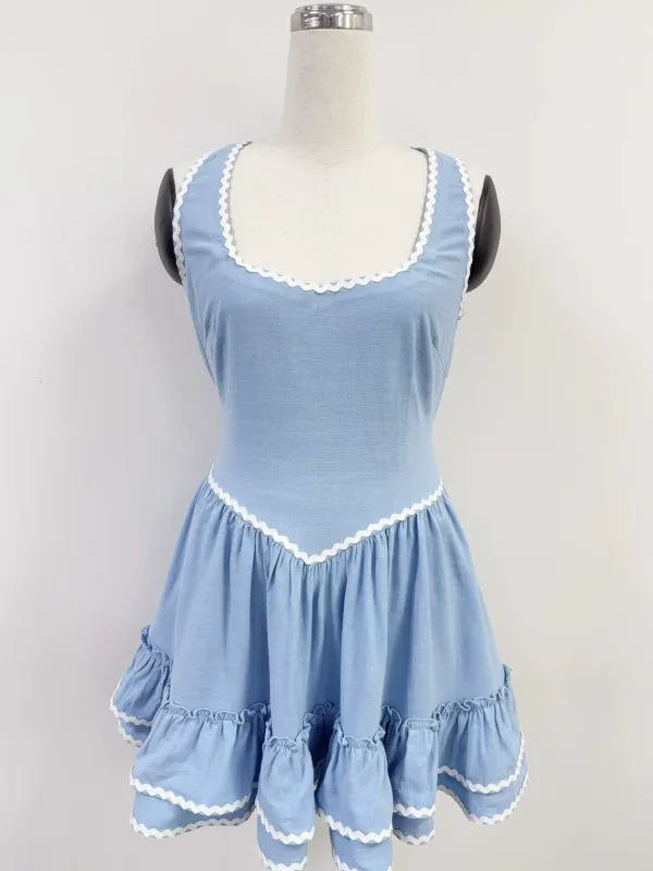 SAMPLE #274 - S Soft Linen Loretta Ruffle Dress - Light Blue / White made by Fashion Brand Company
