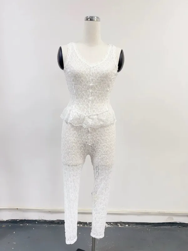 SAMPLE #289 - M Sleeveless Lace Ruffle Catsuit - White made by Fashion Brand Company