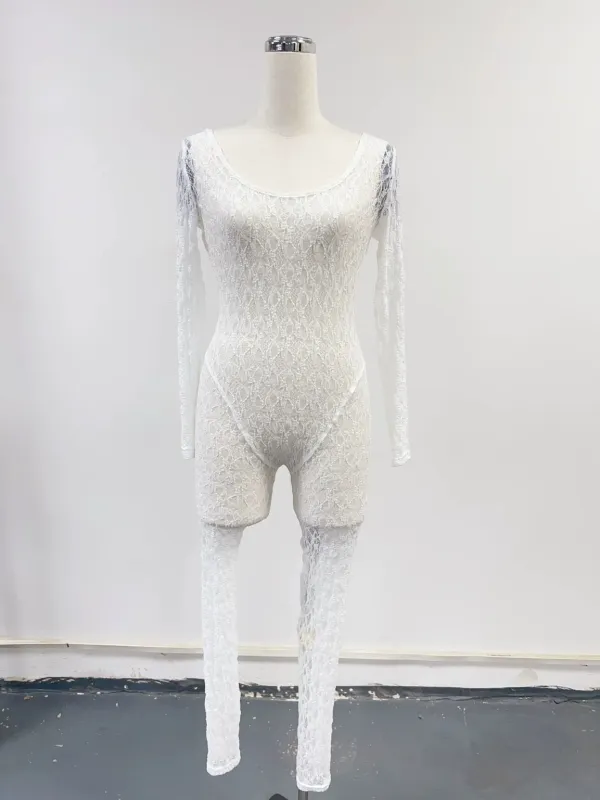 SAMPLE #288 - M Lace Longsleeve Scoop Neck Catsuit - White made by Fashion Brand Company