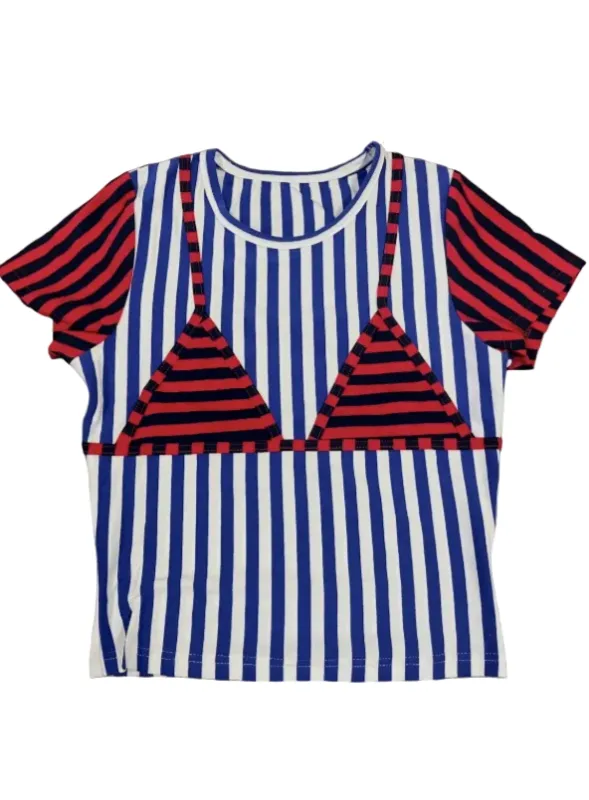 SAMPLE #240 - S Vertical Stripe Bikini Bod Short Sleeve Tee - Blue / Red made by Fashion Brand Company