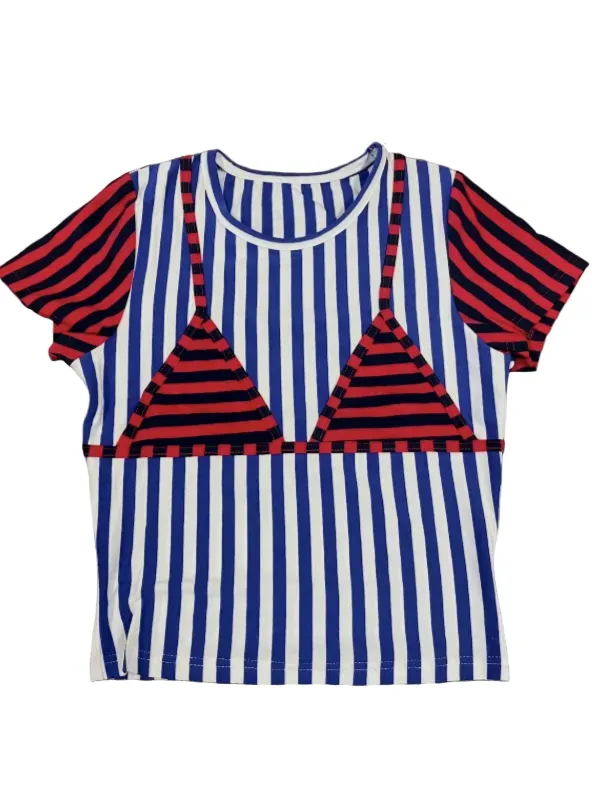 SAMPLE #240 - S Vertical Stripe Bikini Bod Short Sleeve Tee - Blue / Red sold by Fashion Brand Company