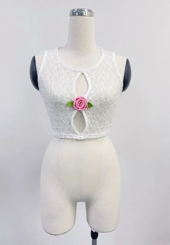 SAMPLE #235 - S Lace Hole Punch Pink Rose Crop Tank - White made by Fashion Brand Company