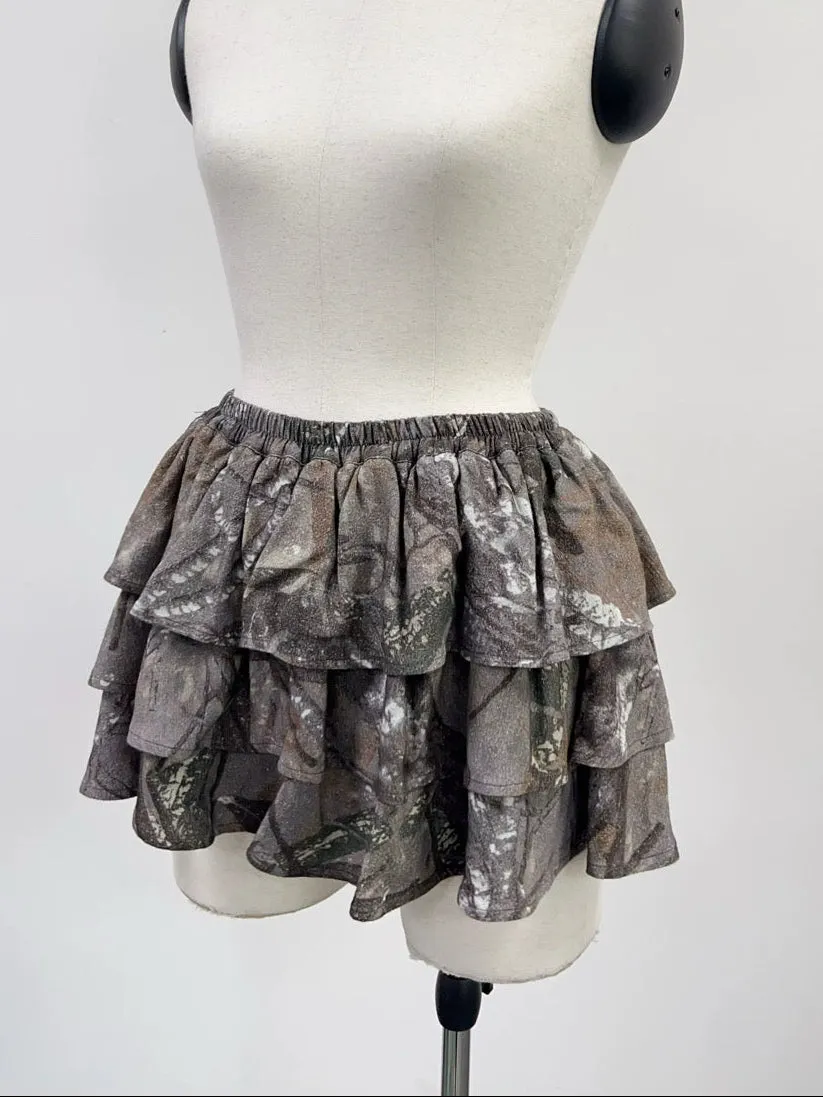 SAMPLE #221 - S Soft Linen Tiered Ruffle Skort - Forest Camo sold by Fashion Brand Company