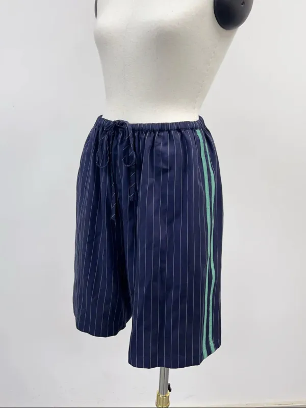 SAMPLE #225 - S Tencel Long Drawstring Shorts - Navy Stripe / Mint made by Fashion Brand Company