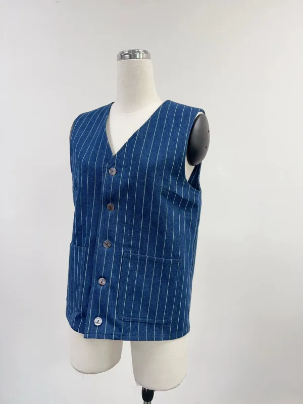 SAMPLE #259 - Unisex S Railroad Stripe Denim Long Vest - Blue made by Fashion Brand Company