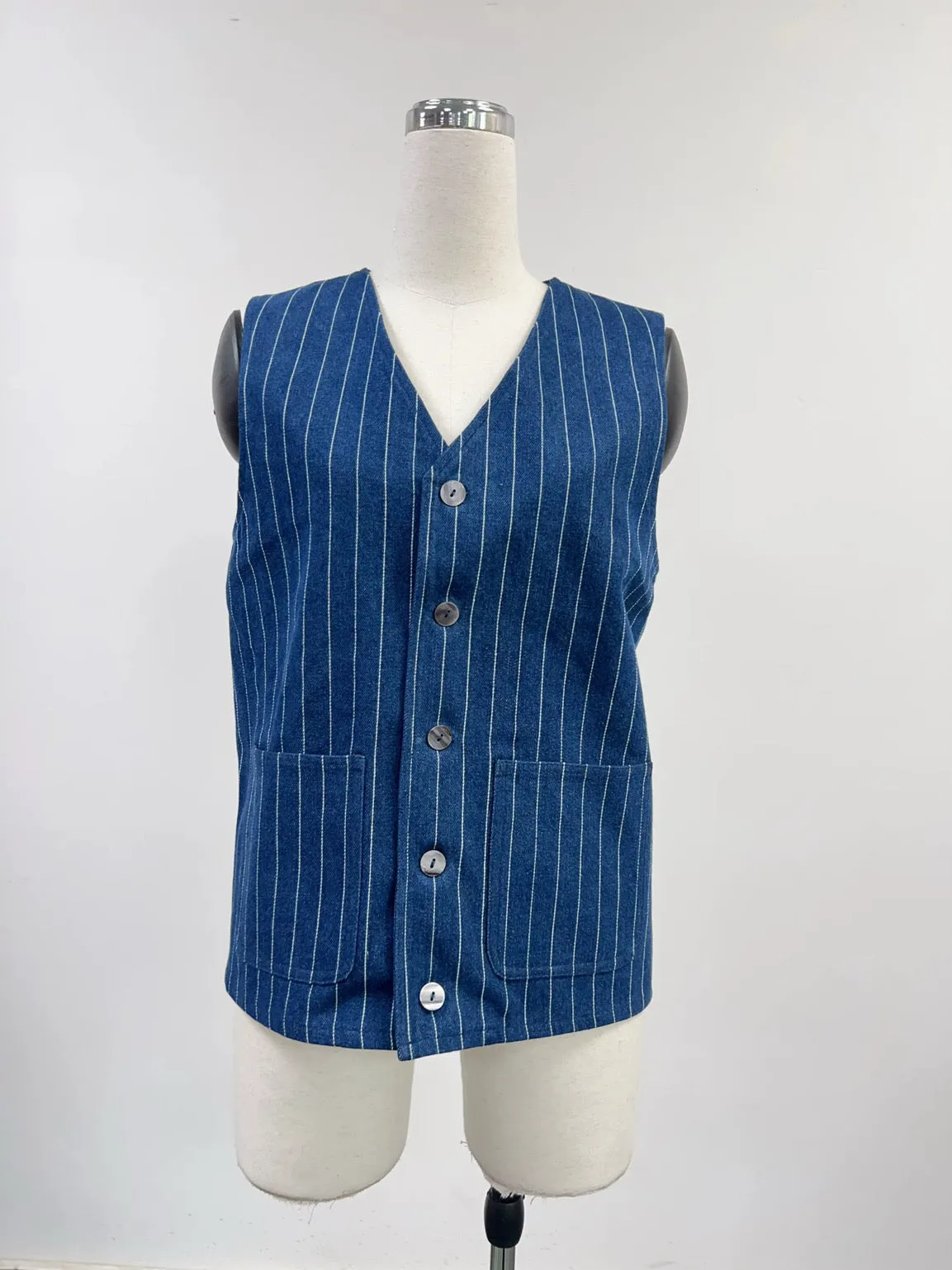 SAMPLE #259 - Unisex S Railroad Stripe Denim Long Vest - Blue sold by Fashion Brand Company product image thumbnail 2