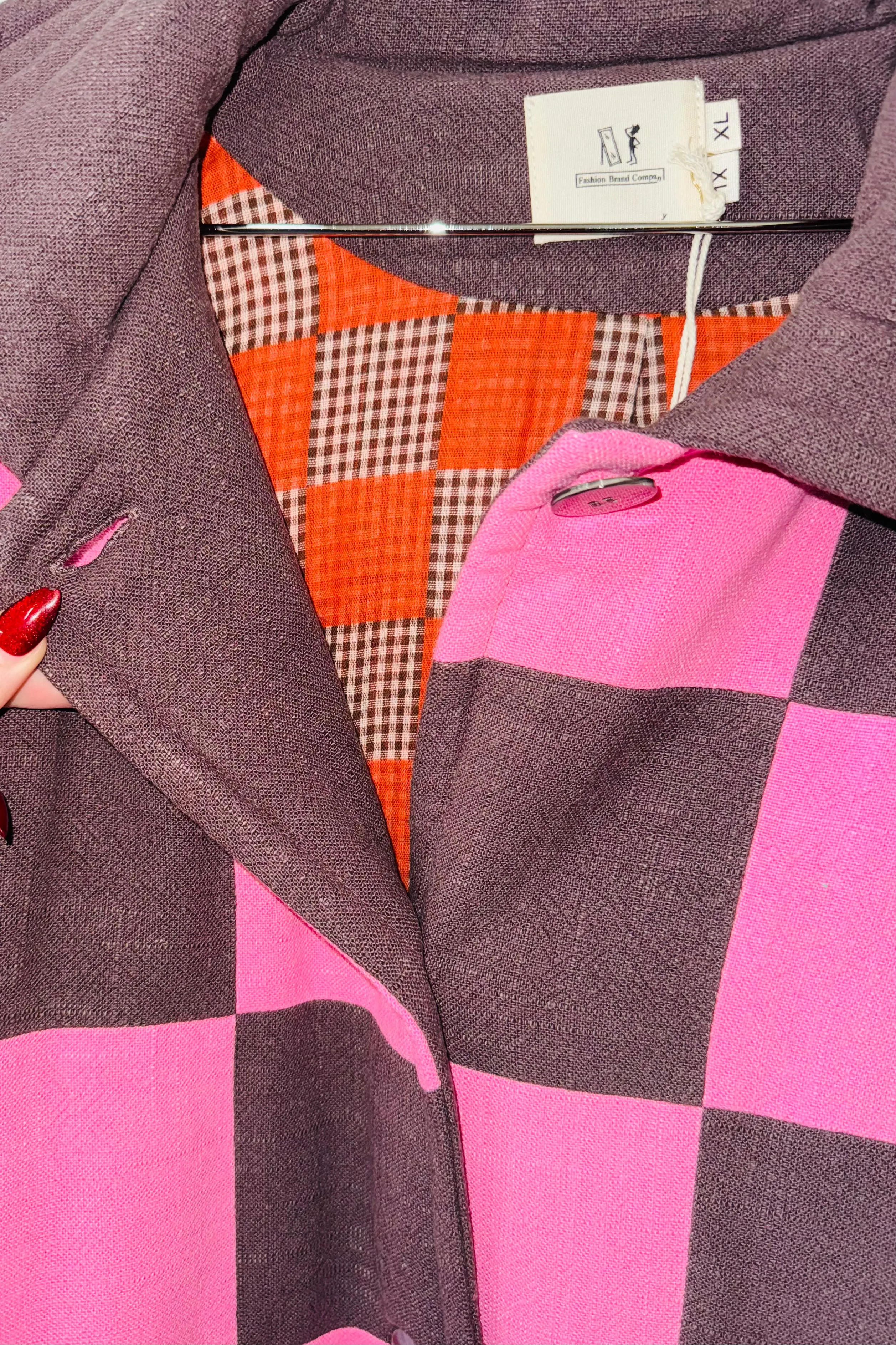 #20 XL/1X Scrap Chessboard Quilted Coat Pink/Brown sold by Fashion Brand Company product image thumbnail 2
