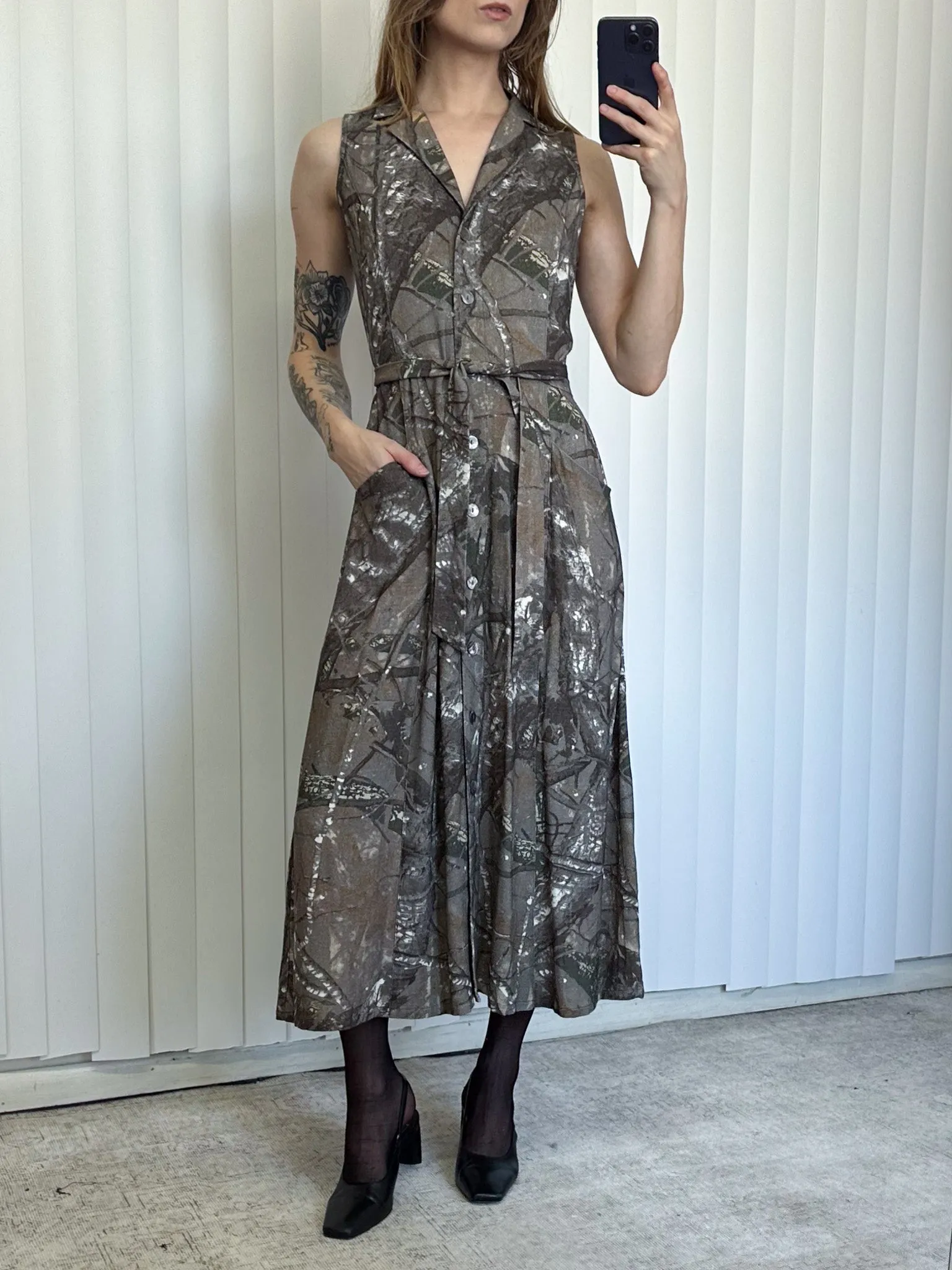 SAMPLE #156 - S Soft Linen Button Down Maxi Dress - Forest Camo sold by Fashion Brand Company