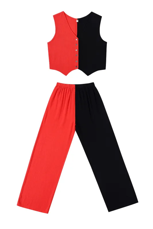 Vest & Pants Soft Linen Lazy Pants Set Red/Black made by Fashion Brand Company