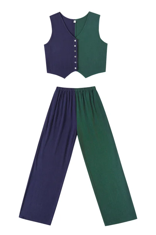 Vest & Pants Soft Linen Lazy Pants Set Navy/Forest made by Fashion Brand Company