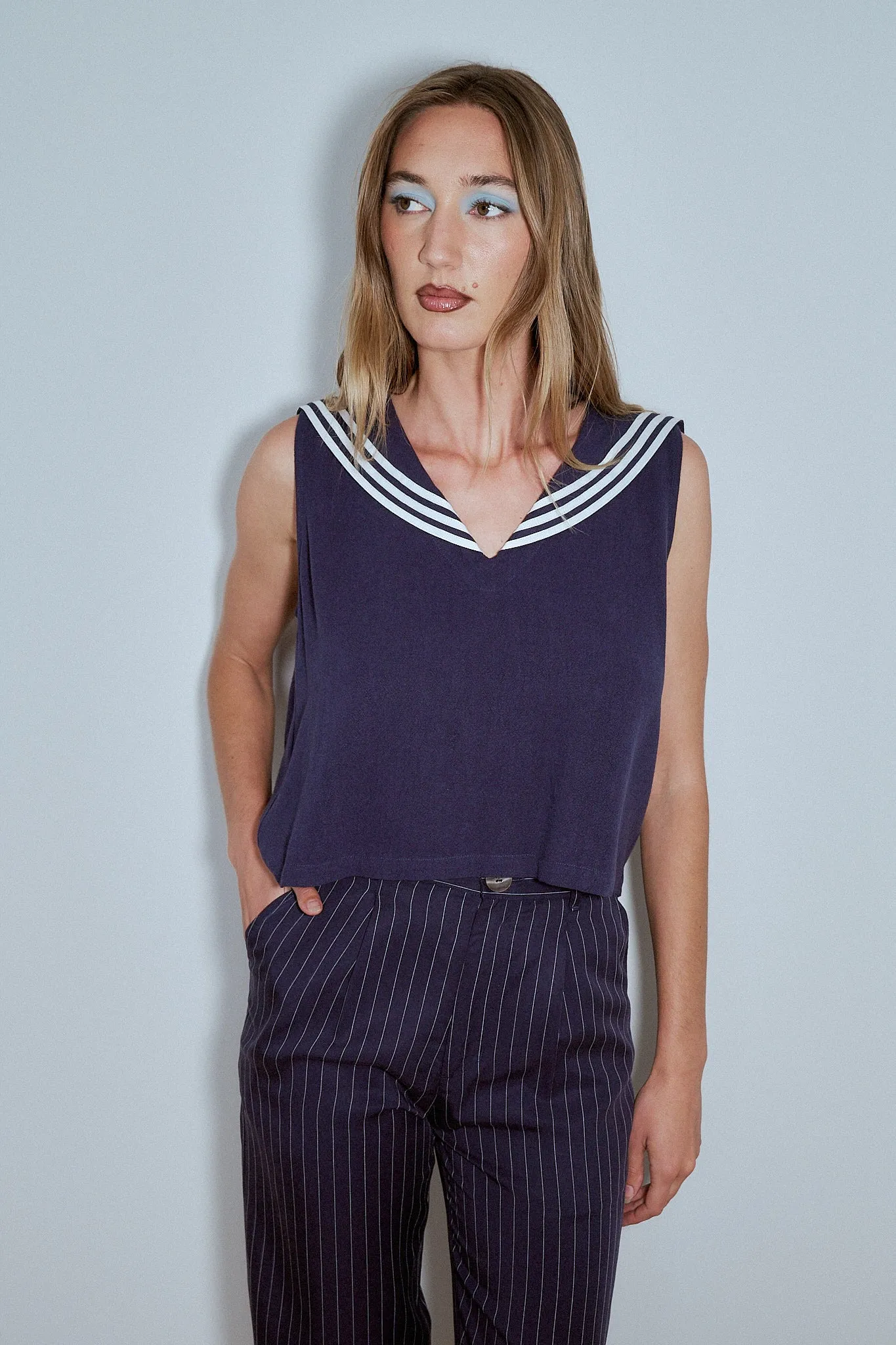 Sailor Sleeveless Soft Linen Crop Top Navy sold by Fashion Brand Company product image thumbnail 4