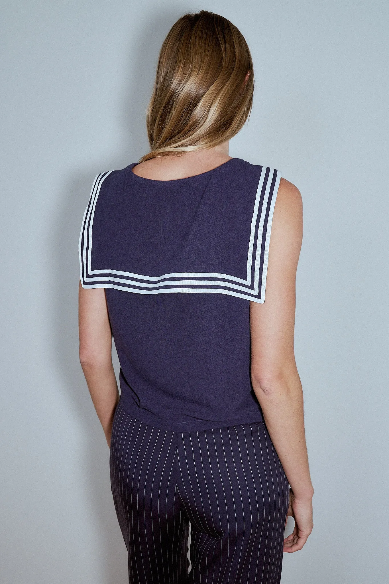Sailor Sleeveless Soft Linen Crop Top Navy sold by Fashion Brand Company product image thumbnail 3