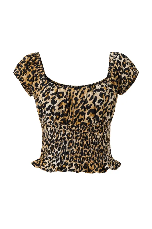 Soft Linen Smocked Waist Blouse Leopard made by Fashion Brand Company