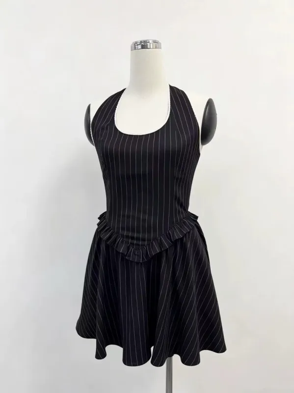 SAMPLE #339 - S Tencel Stripe Halter Mini Dress - Black made by Fashion Brand Company