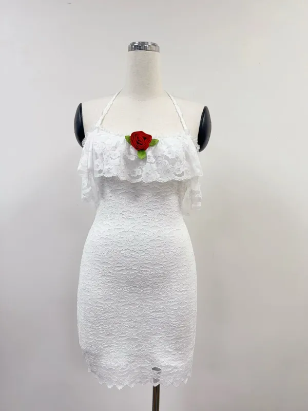 SAMPLE #317 - S Red Rose Lace Halter Mini Dress - White made by Fashion Brand Company