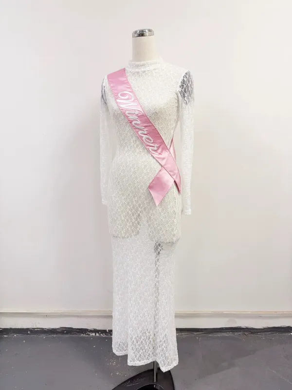 SAMPLE #315 - XS/S Sheer Lace Winner Sash Long Sleeve Maxi Dress - White made by Fashion Brand Company