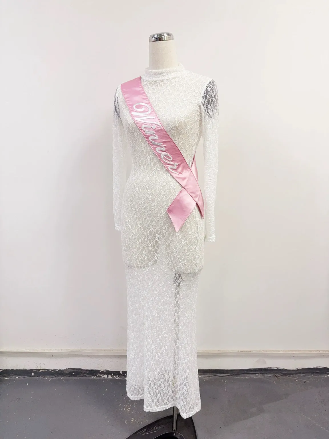 SAMPLE #315 - XS/S Sheer Lace Winner Sash Long Sleeve Maxi Dress - White sold by Fashion Brand Company