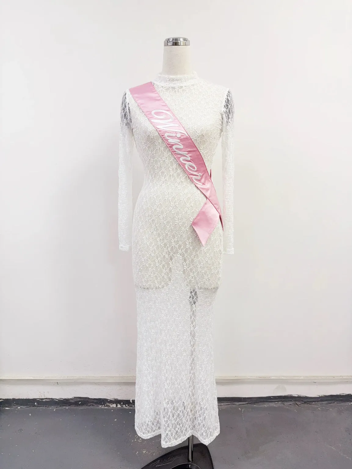 SAMPLE #315 - XS/S Sheer Lace Winner Sash Long Sleeve Maxi Dress - White sold by Fashion Brand Company product image thumbnail 2